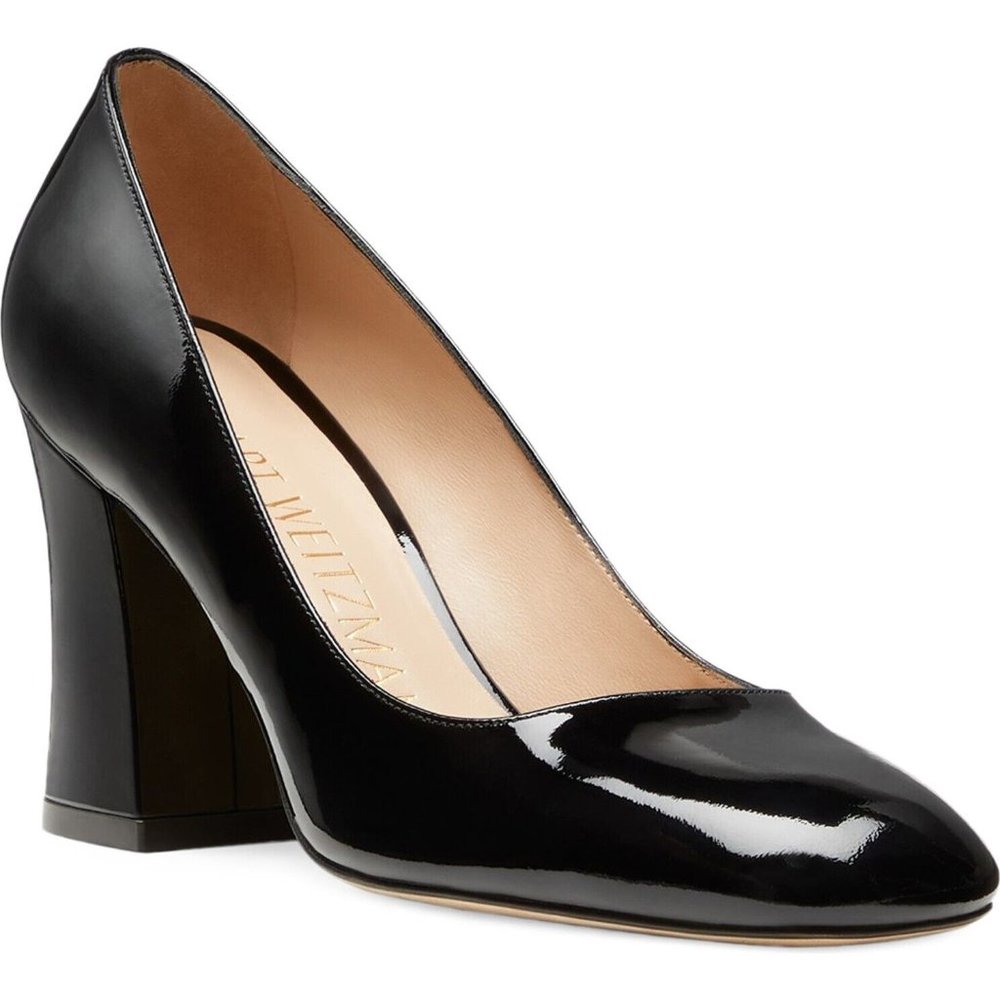 $550 Stuart Weitzman Curveblock 85 Pump SQUARE BLOCK BLACK PATENT 7.5 (TC17)